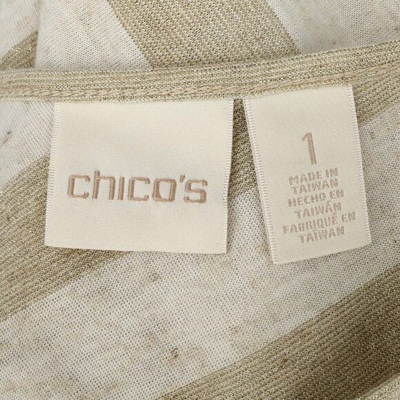Chicos Top 1 Womens Medium Beige Gold Metallic Chevron Blouse Pullover Neutral - Picture 3 of 14